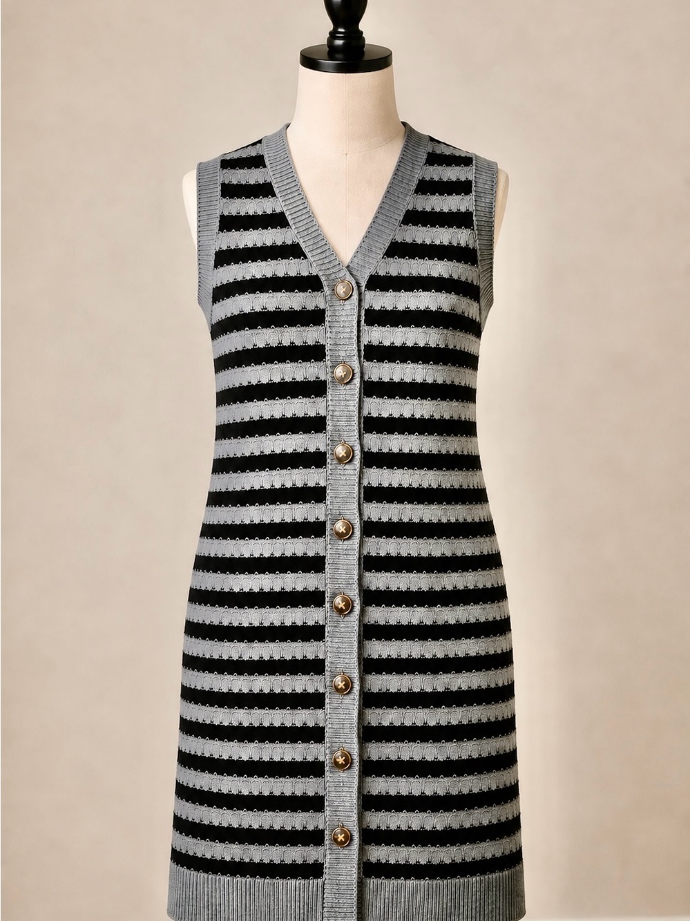 Striped Knit Button-Front Sleeveless Dress - Gray and black